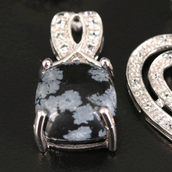Sterling Snowflake Obsidian and White Topaz Pendant - Picture 1 of 4